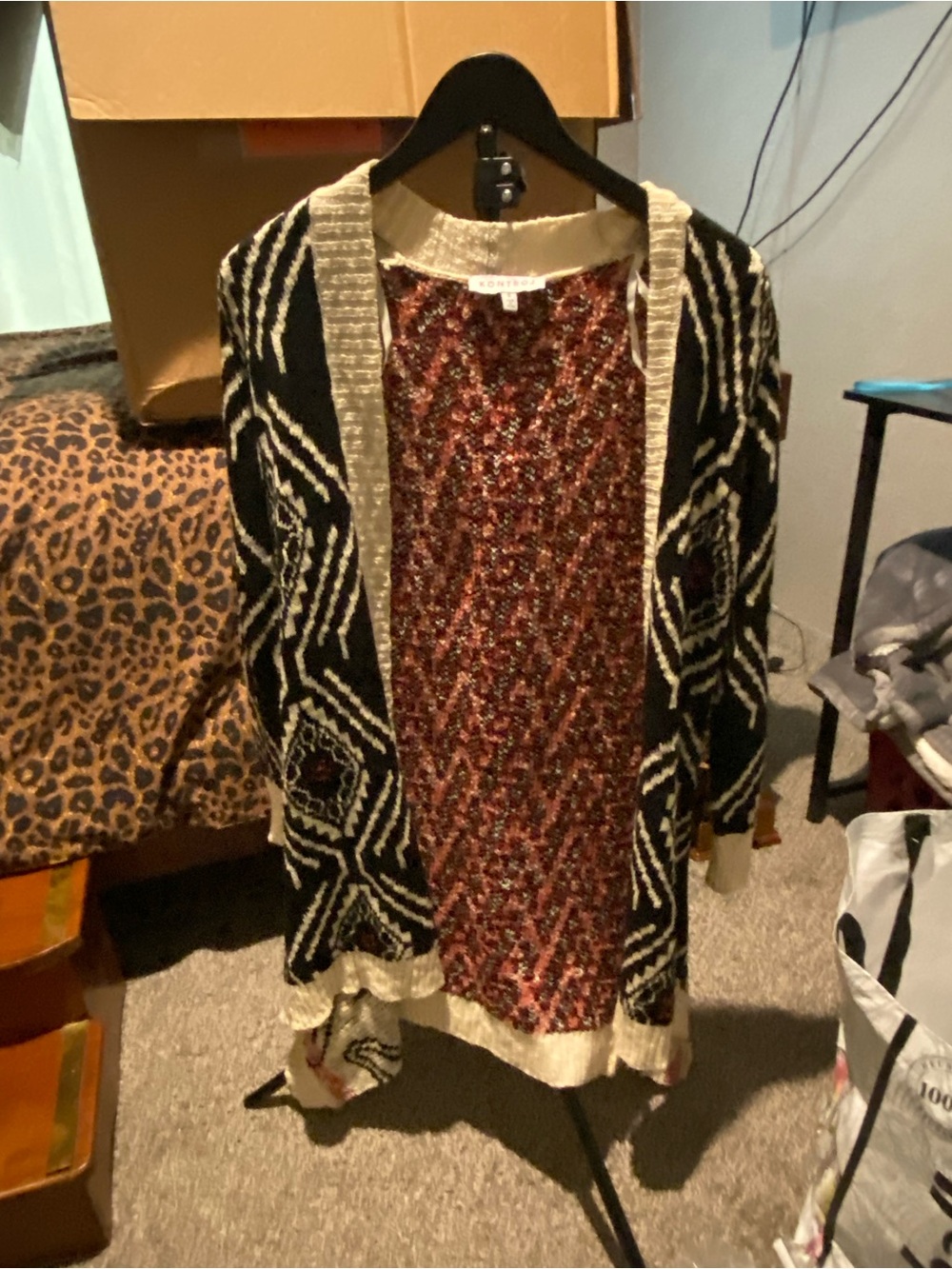 Black & Cream Patterned Open-Front Cardigan with Rust-Red Knit Panel